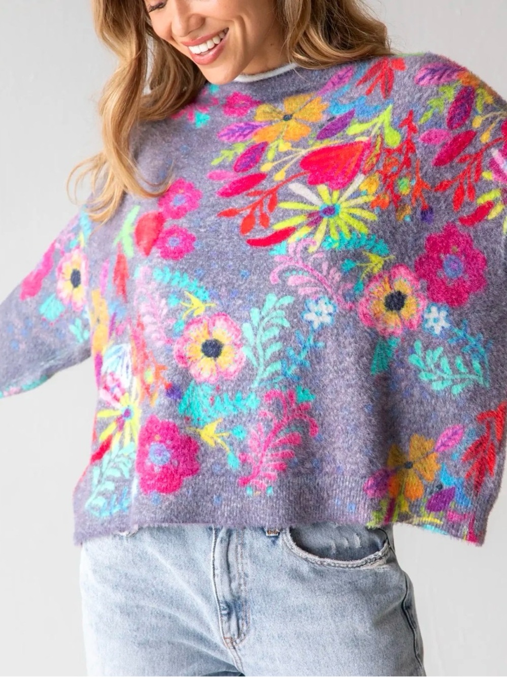 Natural Life Cashmere-Like Mock Neck Sweater - Charcoal Pink Poppy Sz L/XL